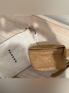 MANDRN Tan Woven Leather Belt Bag Fanny Pack